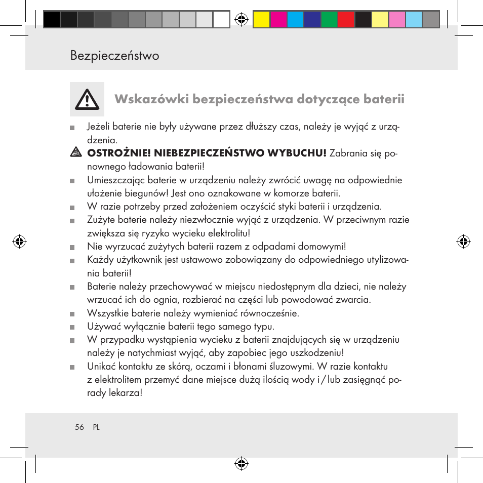 Przed uruchomieniem bezpieczeństwo, Wskazówki bezpieczeństwa dotyczące baterii | Auriol Z31130 User Manual | Page 56 / 297