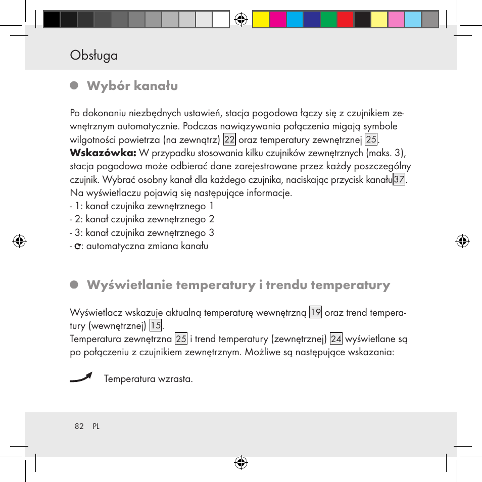 Obsługa, Wybór kanału, Wyświetlanie temperatury i trendu temperatury | Auriol Z31130 User Manual | Page 82 / 297