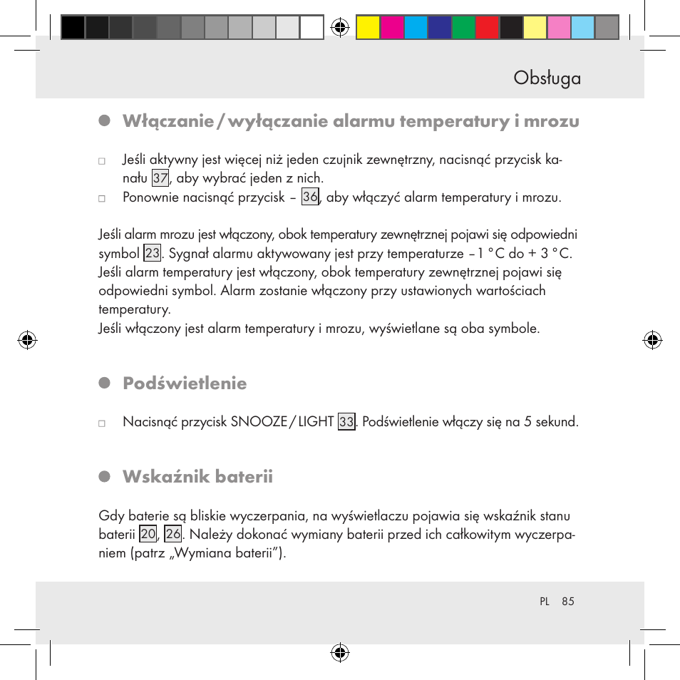 Obsługa, Włączanie / wyłączanie alarmu temperatury i mrozu, Podświetlenie | Wskaźnik baterii | Auriol Z31130 User Manual | Page 85 / 297