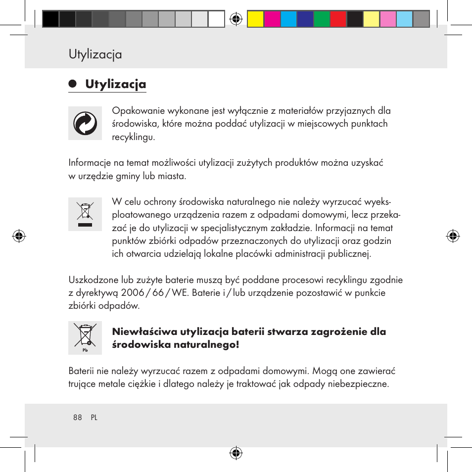 Utylizacja / informacje utylizacja, Utylizacja | Auriol Z31130 User Manual | Page 88 / 297