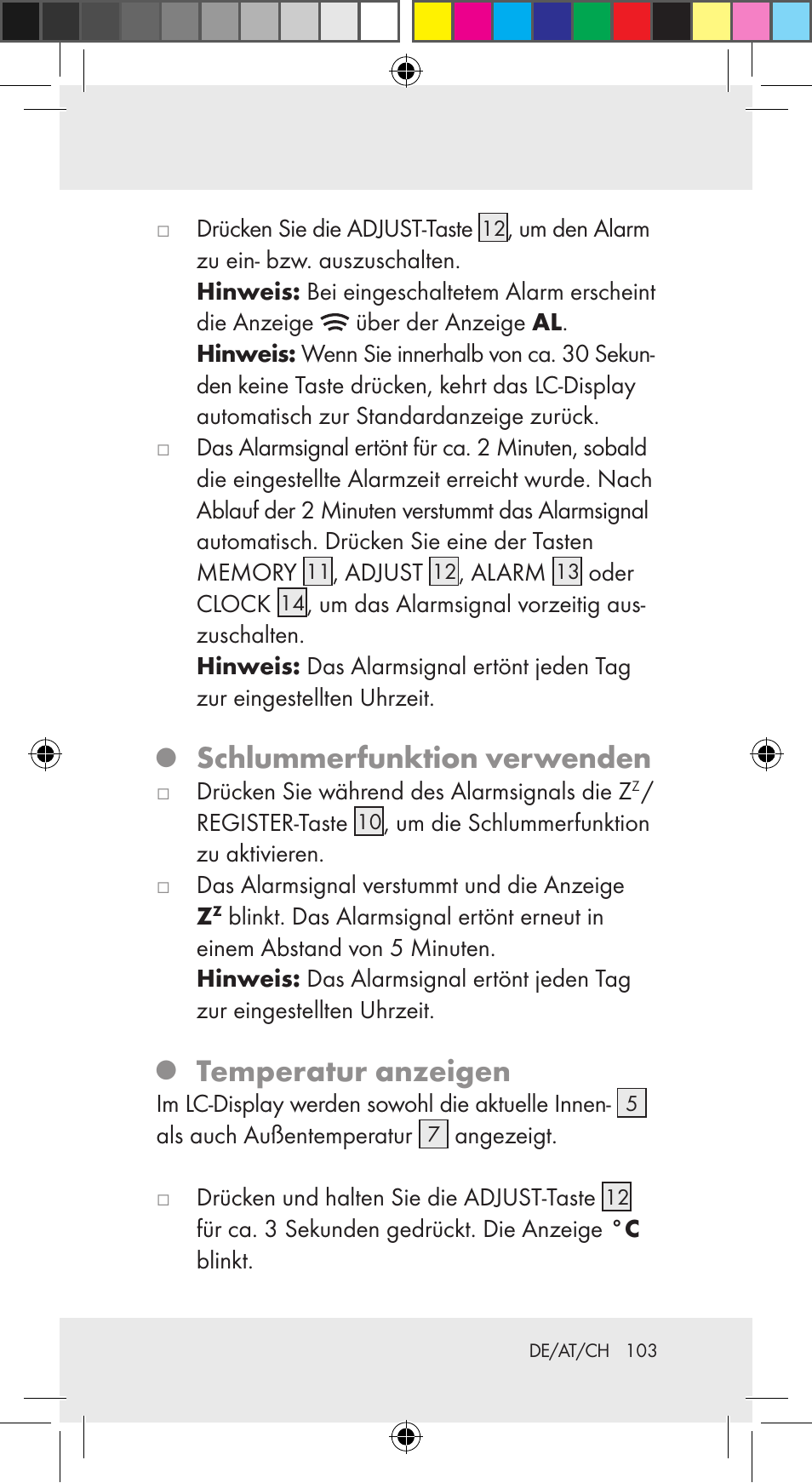 Schlummerfunktion verwenden, Temperatur anzeigen | Auriol Z29962C User Manual | Page 103 / 112