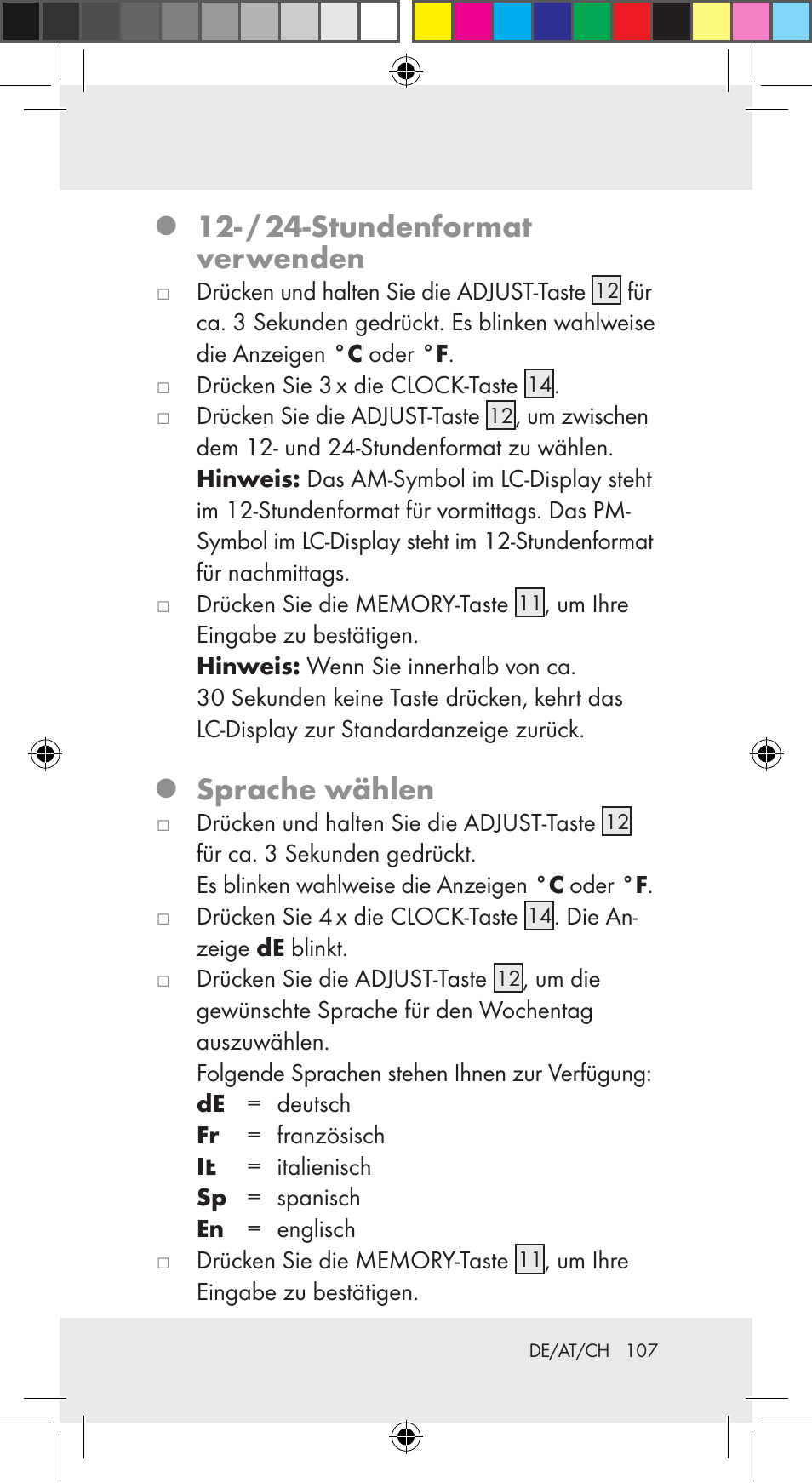 / 24-stundenformat verwenden, Sprache wählen | Auriol Z29962C User Manual | Page 107 / 112