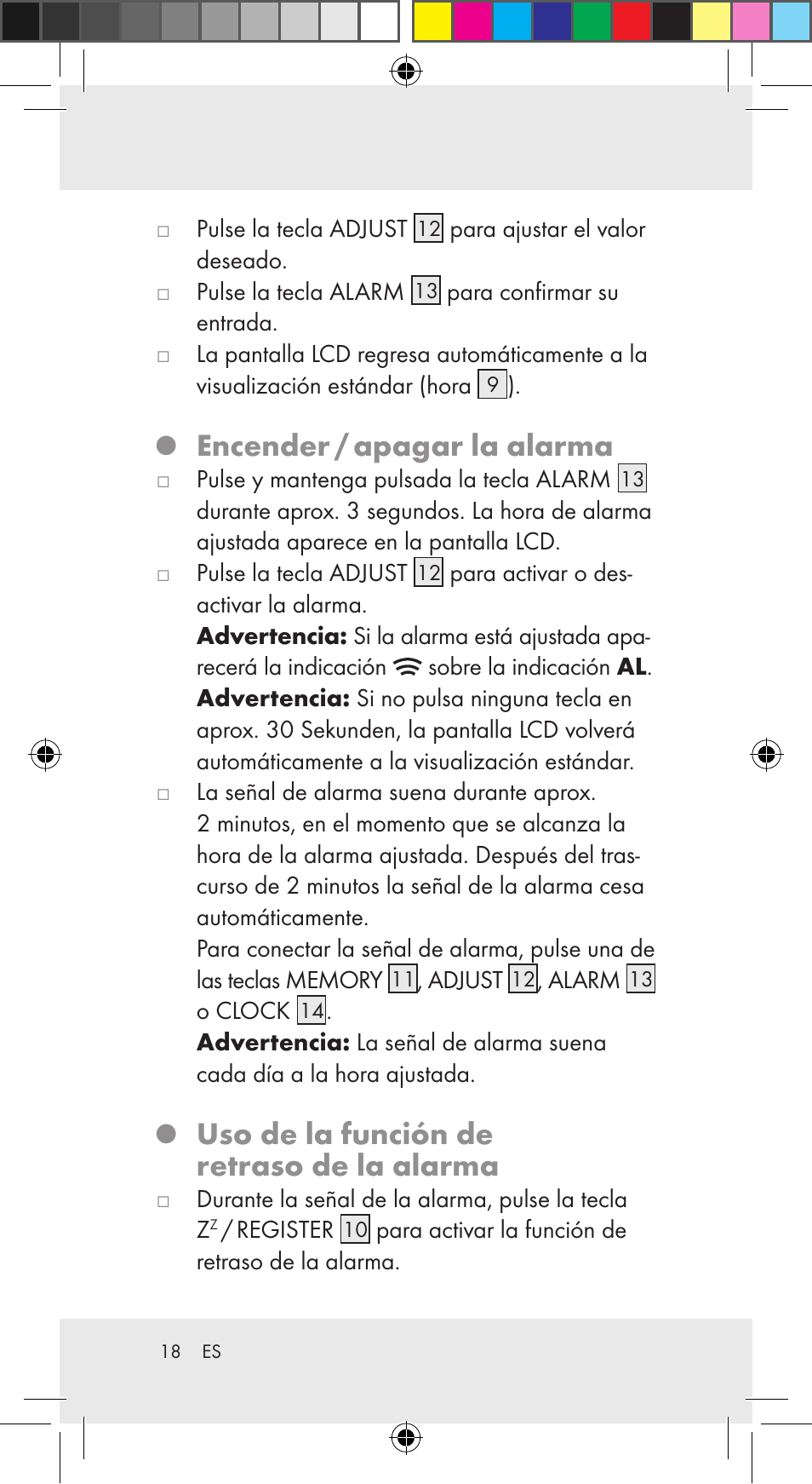 Encender / apagar la alarma, Uso de la función de retraso de la alarma | Auriol Z29962C User Manual | Page 18 / 112