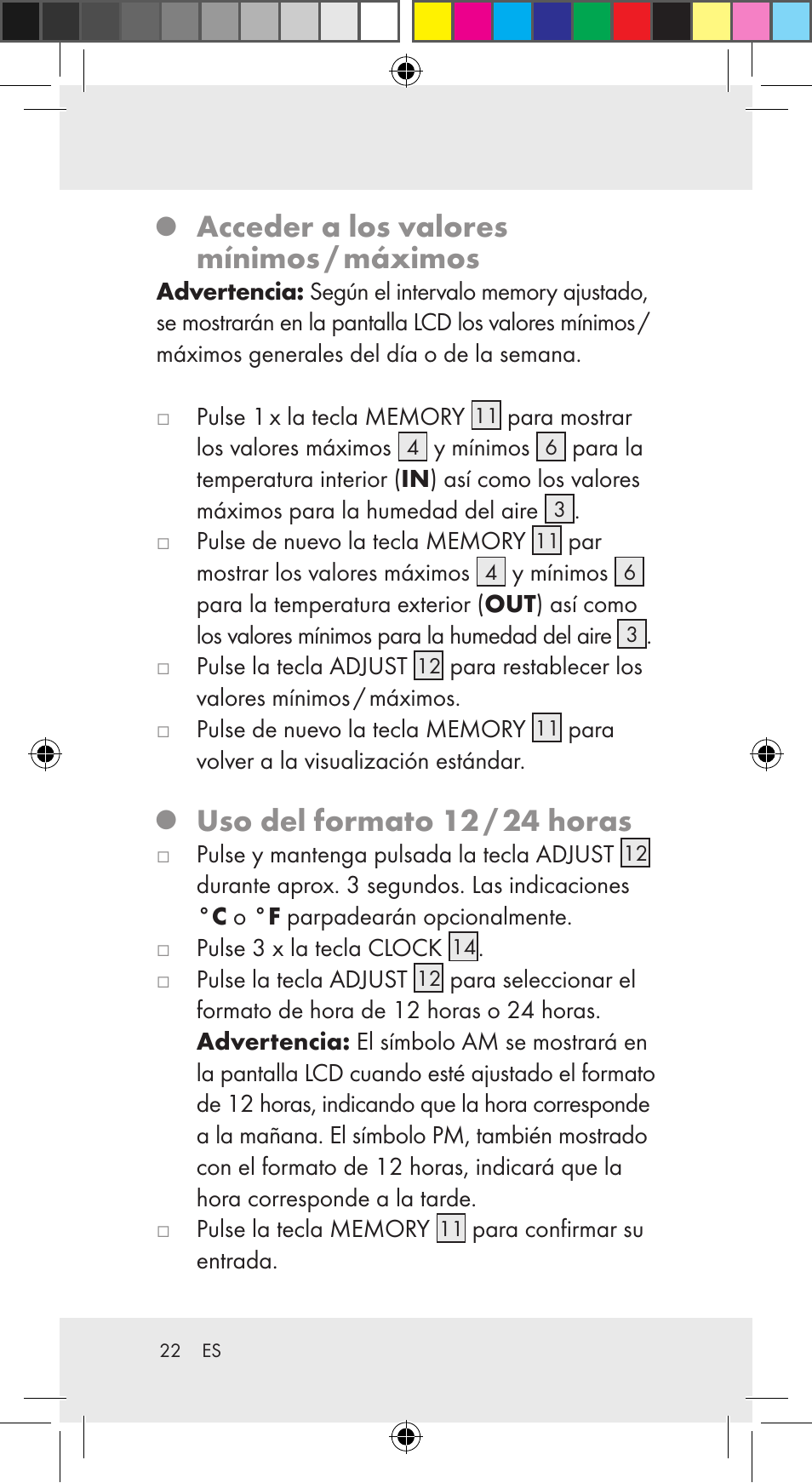 Acceder a los valores mínimos / máximos, Uso del formato 12 / 24 horas | Auriol Z29962C User Manual | Page 22 / 112