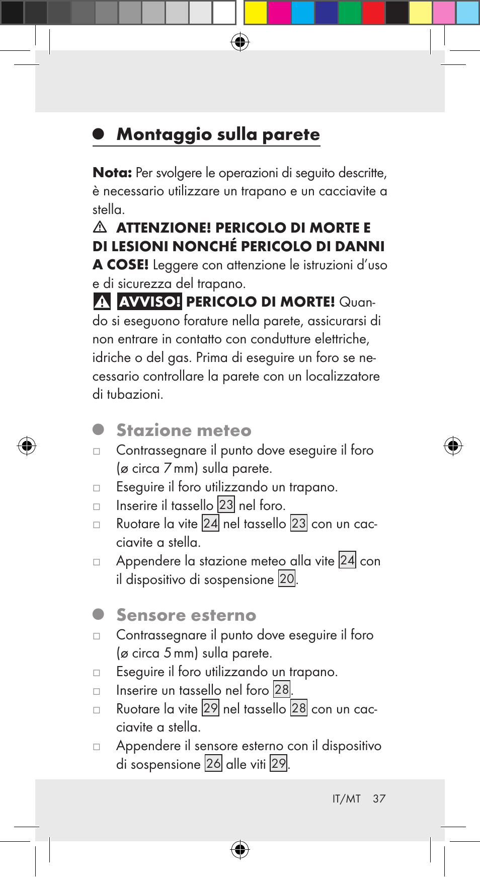 Montaggio sulla parete, Stazione meteo, Sensore esterno | Auriol Z29962C User Manual | Page 37 / 112