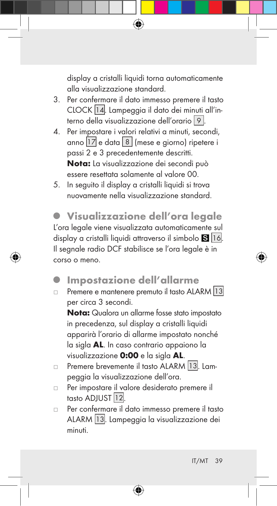 Visualizzazione dell’ora legale, Impostazione dell’allarme | Auriol Z29962C User Manual | Page 39 / 112