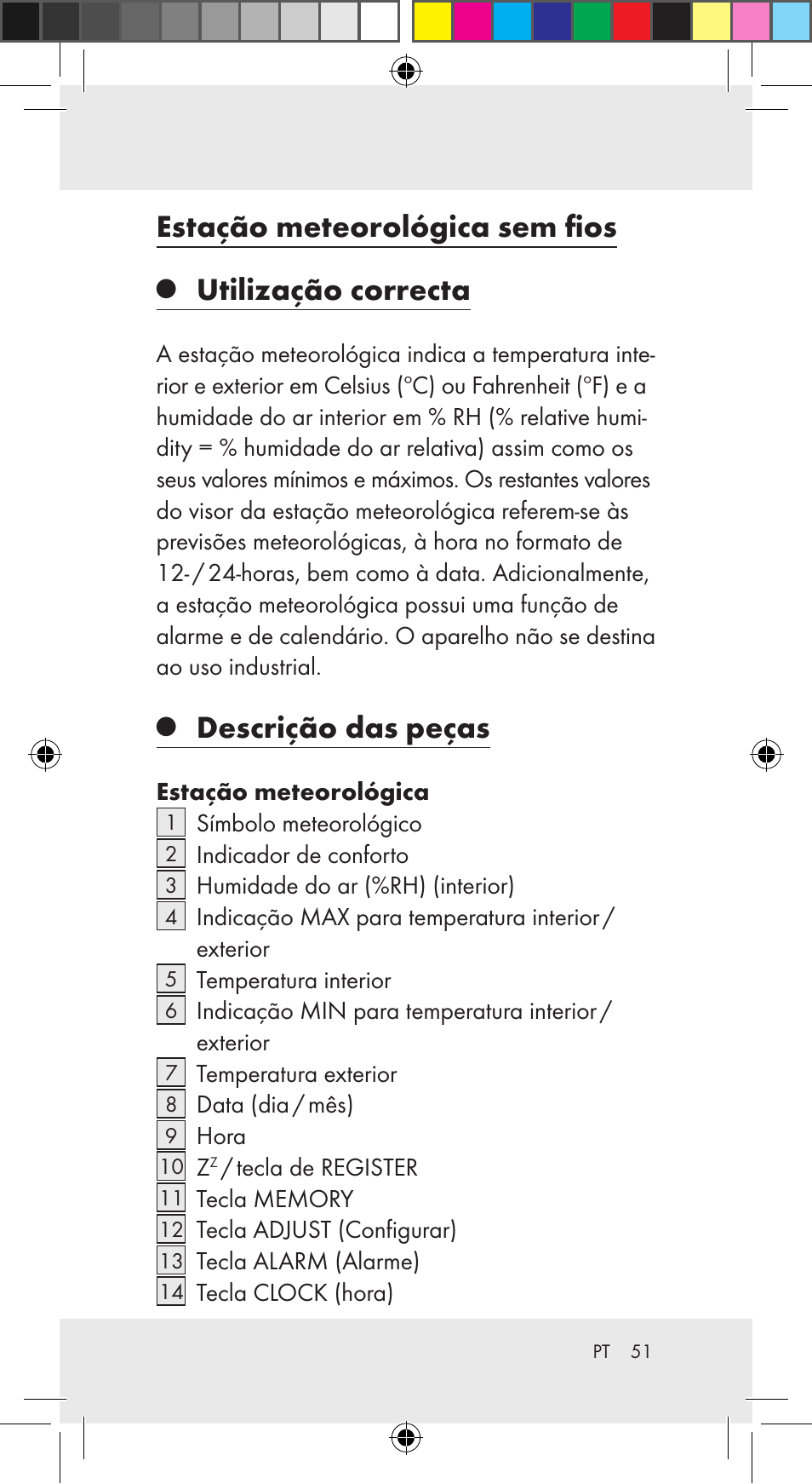 Estação meteorológica sem fios, Utilização correcta, Descrição das peças | Auriol Z29962C User Manual | Page 51 / 112