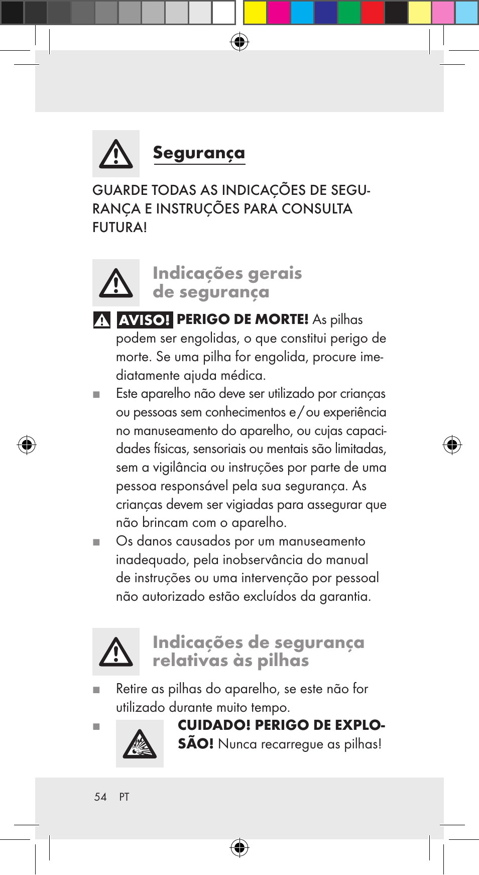 Segurança, Indicações gerais de segurança, Indicações de segurança relativas às pilhas | Auriol Z29962C User Manual | Page 54 / 112