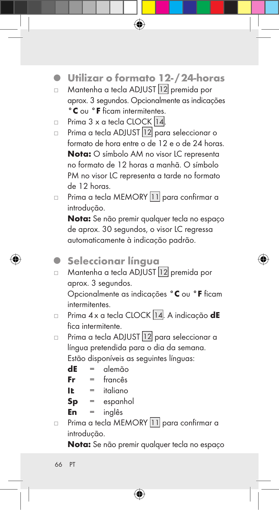 Utilizar o formato 12- / 24-horas, Seleccionar língua | Auriol Z29962C User Manual | Page 66 / 112