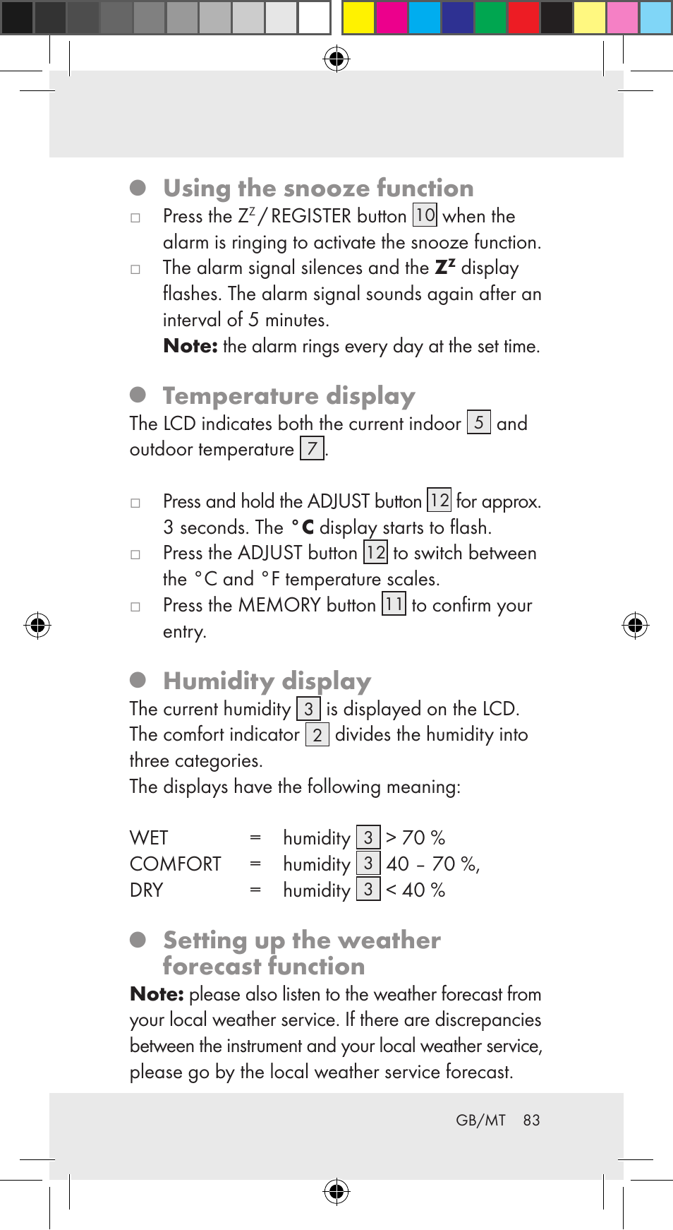 Using the snooze function, Temperature display, Humidity display | Setting up the weather forecast function | Auriol Z29962C User Manual | Page 83 / 112
