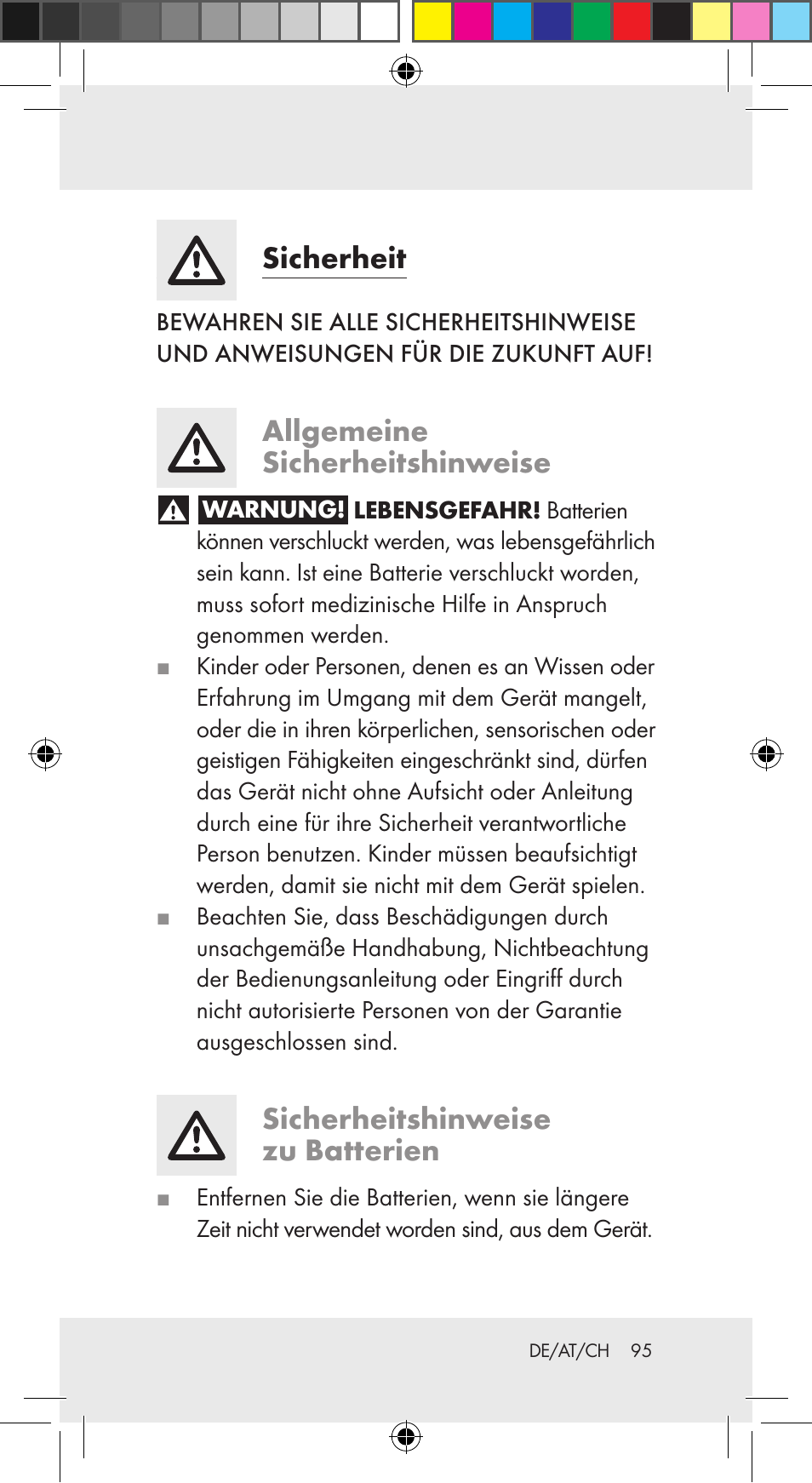 Sicherheit, Allgemeine sicherheitshinweise, Sicherheitshinweise zu batterien | Auriol Z29962C User Manual | Page 95 / 112