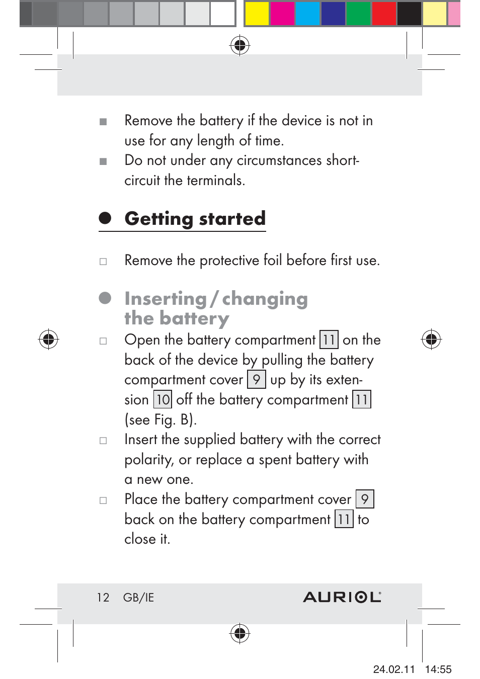 Getting started, Inserting / changing the battery | Auriol H4286A_B User Manual | Page 14 / 75