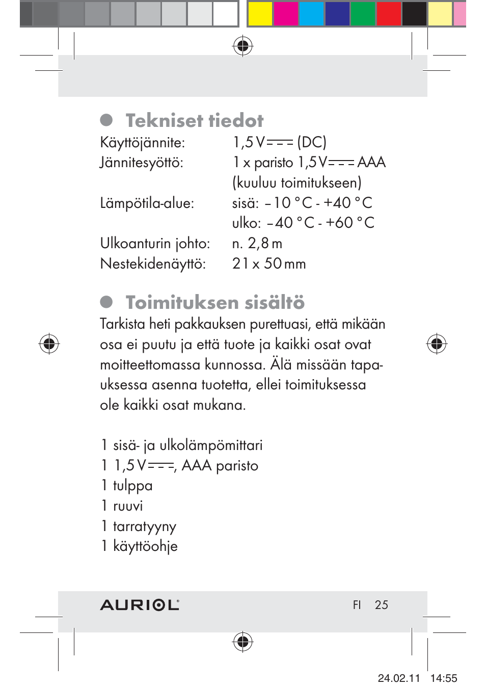 Tekniset tiedot, Toimituksen sisältö | Auriol H4286A_B User Manual | Page 27 / 75