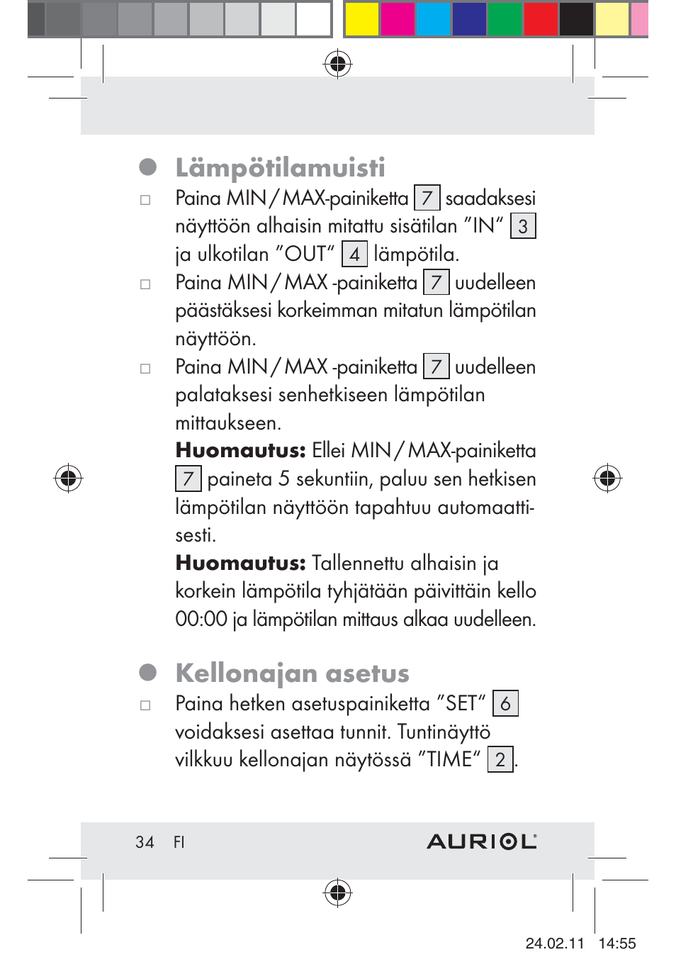 Lämpötilamuisti, Kellonajan asetus | Auriol H4286A_B User Manual | Page 36 / 75