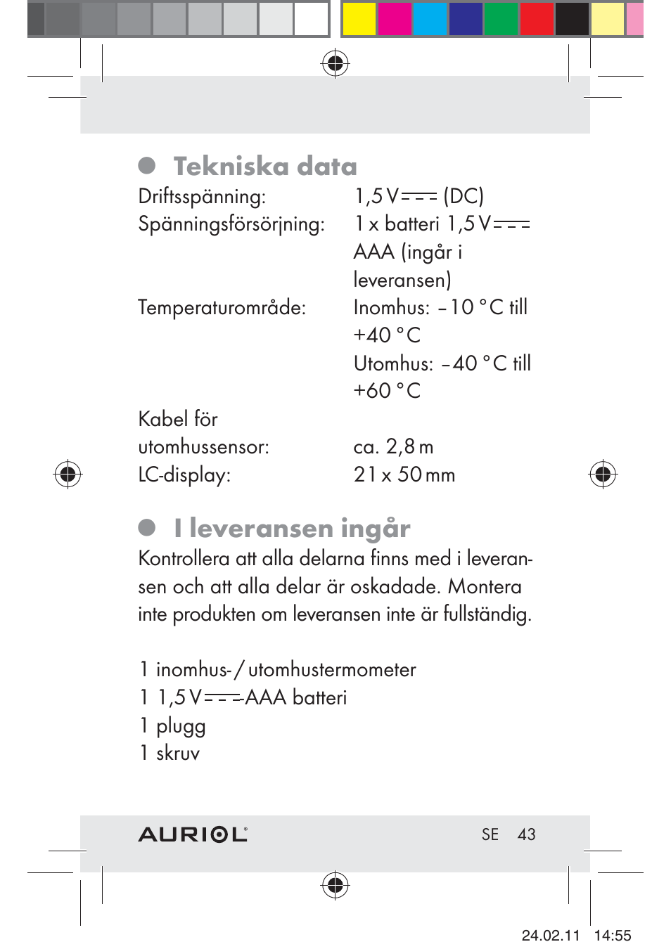 Tekniska data, I leveransen ingår | Auriol H4286A_B User Manual | Page 45 / 75