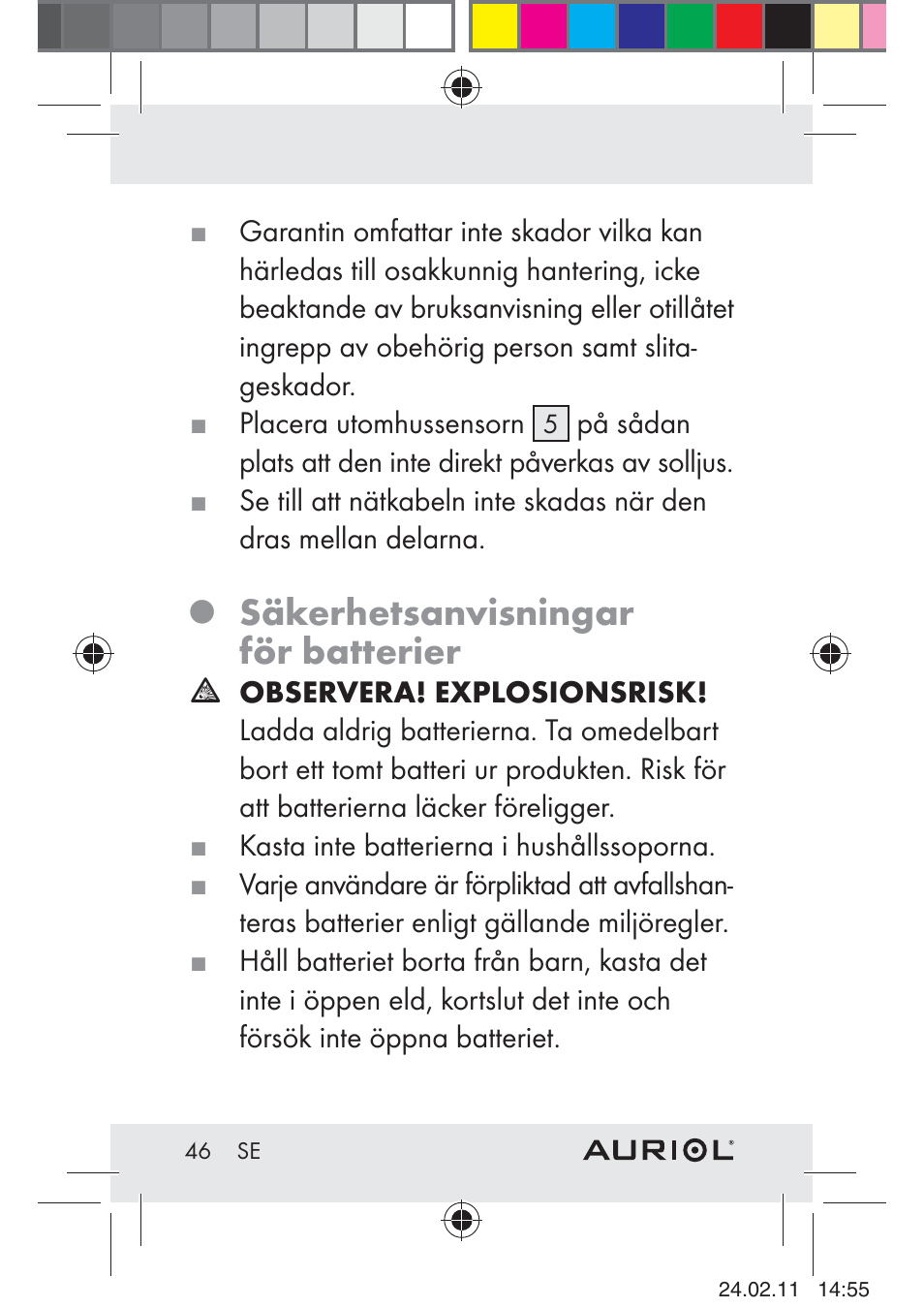Säkerhetsanvisningar för batterier | Auriol H4286A_B User Manual | Page 48 / 75