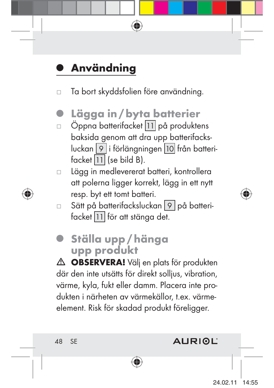 Användning, Lägga in / byta batterier, Ställa upp / hänga upp produkt | Auriol H4286A_B User Manual | Page 50 / 75