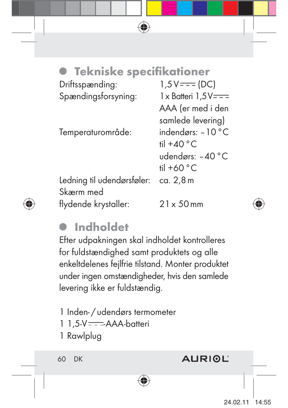 Tekniske speciﬁkationer, Indholdet | Auriol H4286A_B User Manual | Page 62 / 75