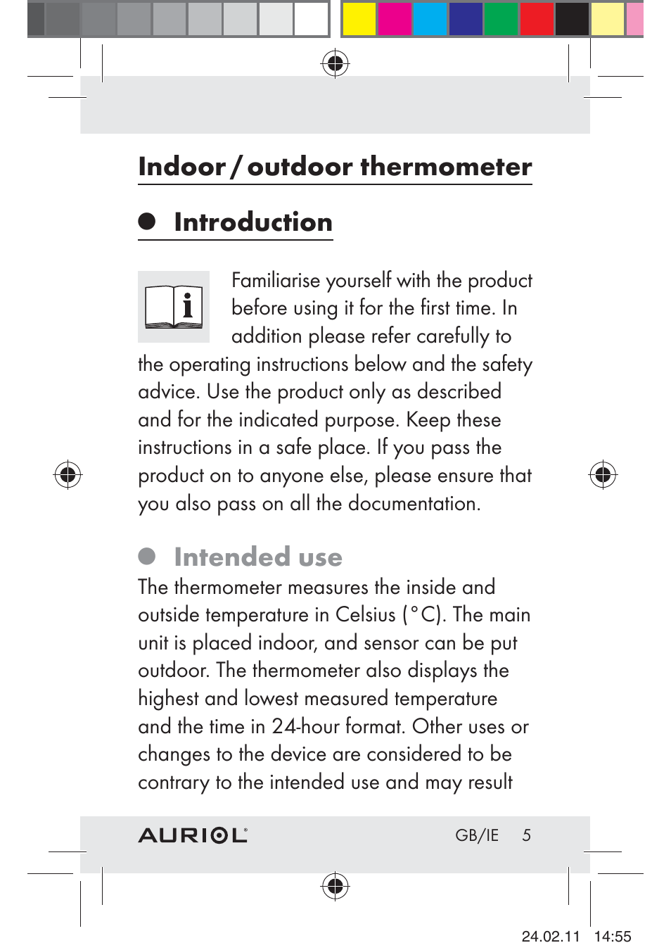 Indoor / outdoor thermometer, Introduction, Intended use | Auriol H4286A_B User Manual | Page 7 / 75