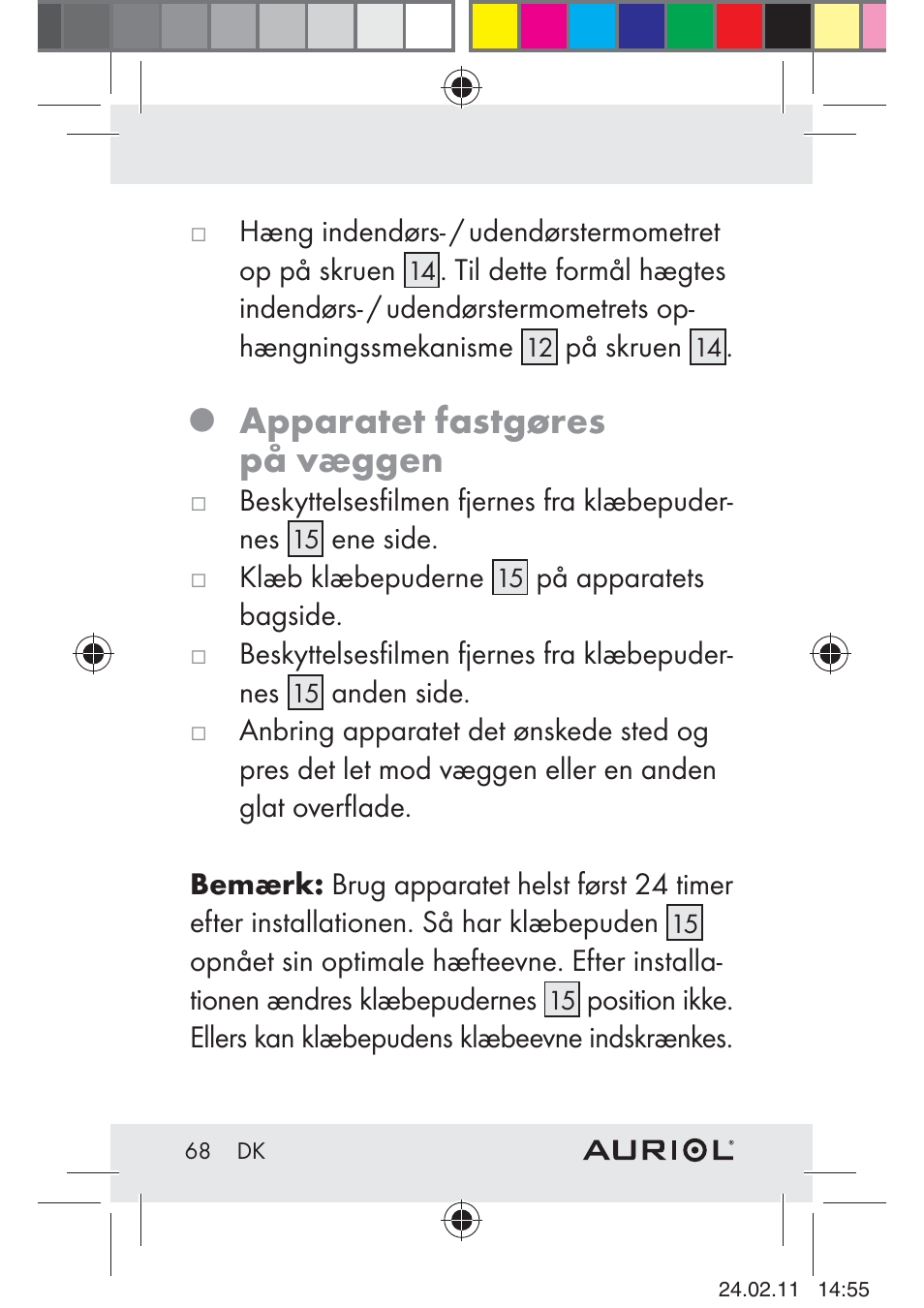 Apparatet fastgøres på væggen | Auriol H4286A_B User Manual | Page 70 / 75