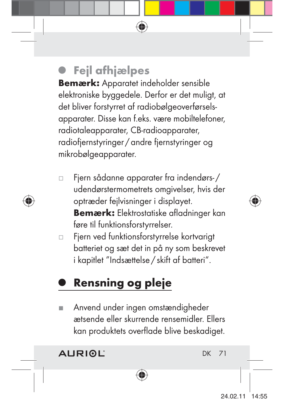 Fejl afhjælpes, Rensning og pleje | Auriol H4286A_B User Manual | Page 73 / 75