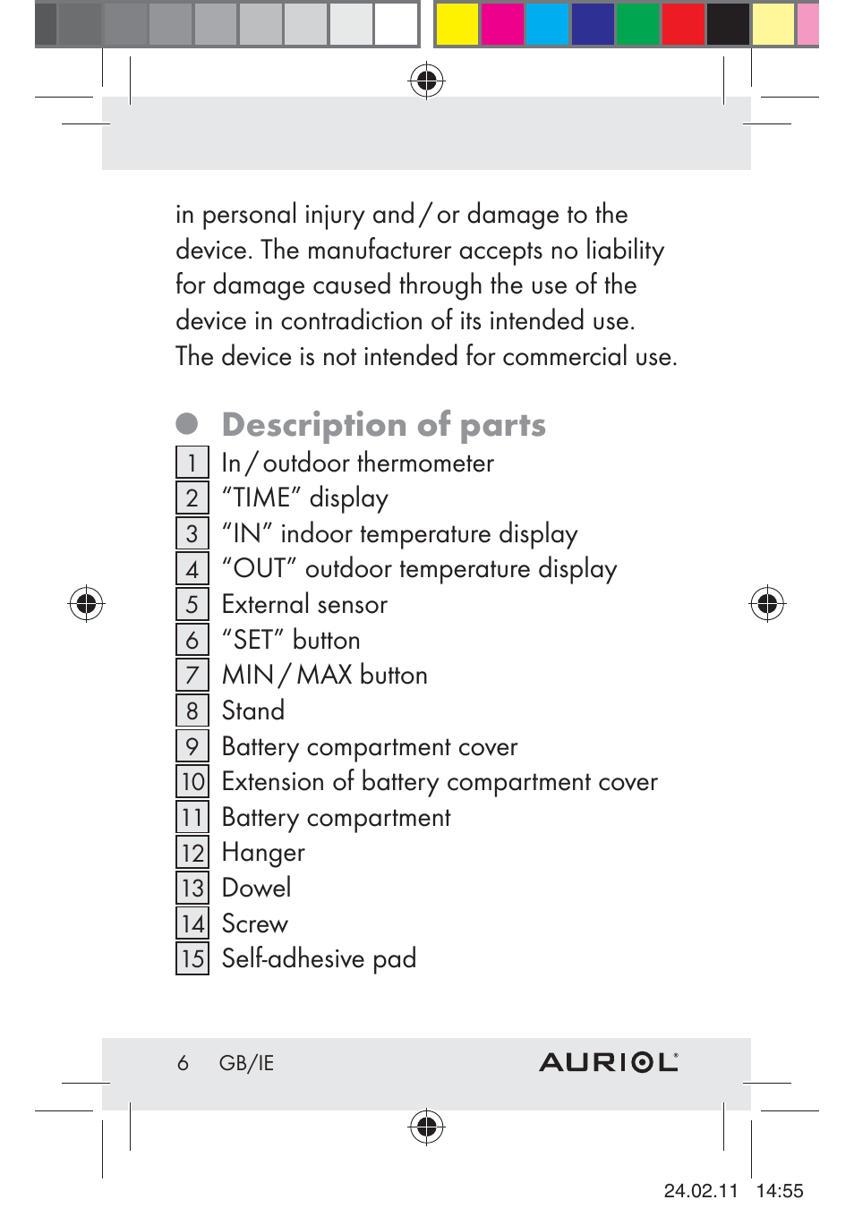 Description of parts | Auriol H4286A_B User Manual | Page 8 / 75
