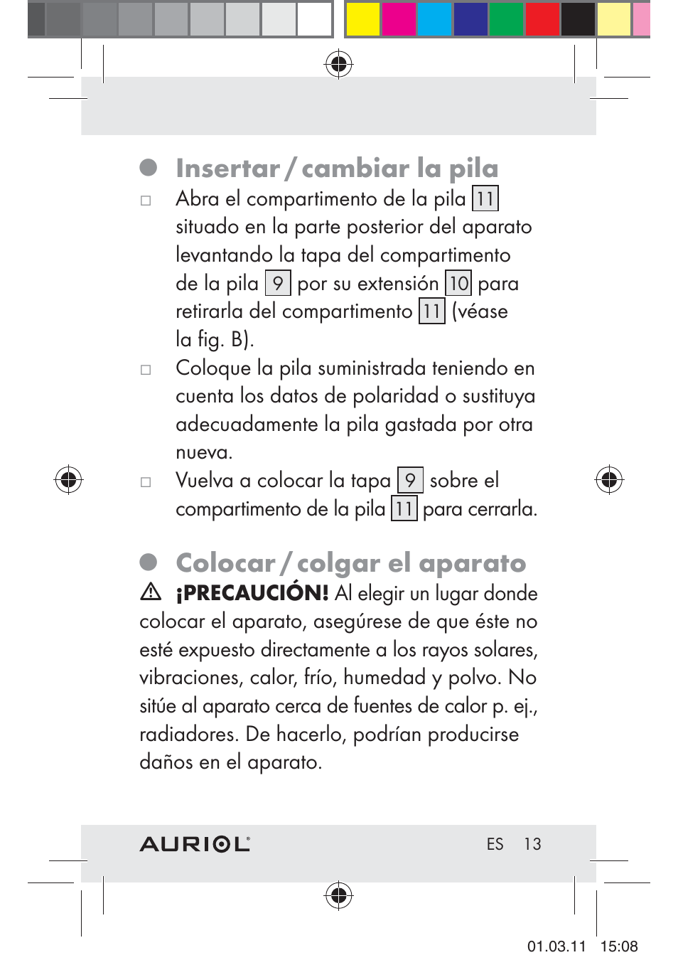 Insertar / cambiar la pila, Colocar / colgar el aparato | Auriol H4286A_B User Manual | Page 15 / 81