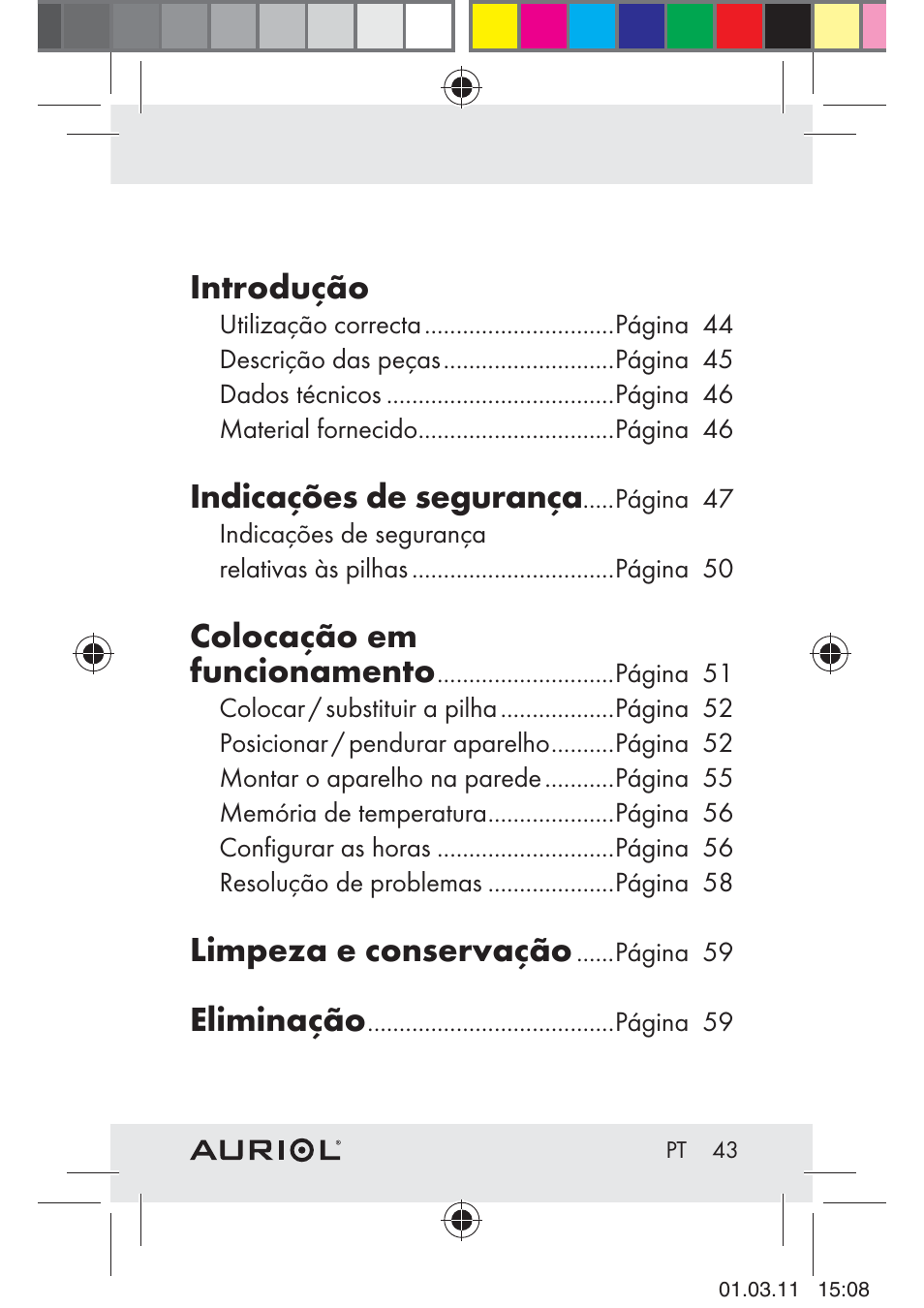 Introdução, Indicações de segurança, Colocação em funcionamento | Limpeza e conservação, Eliminação | Auriol H4286A_B User Manual | Page 45 / 81