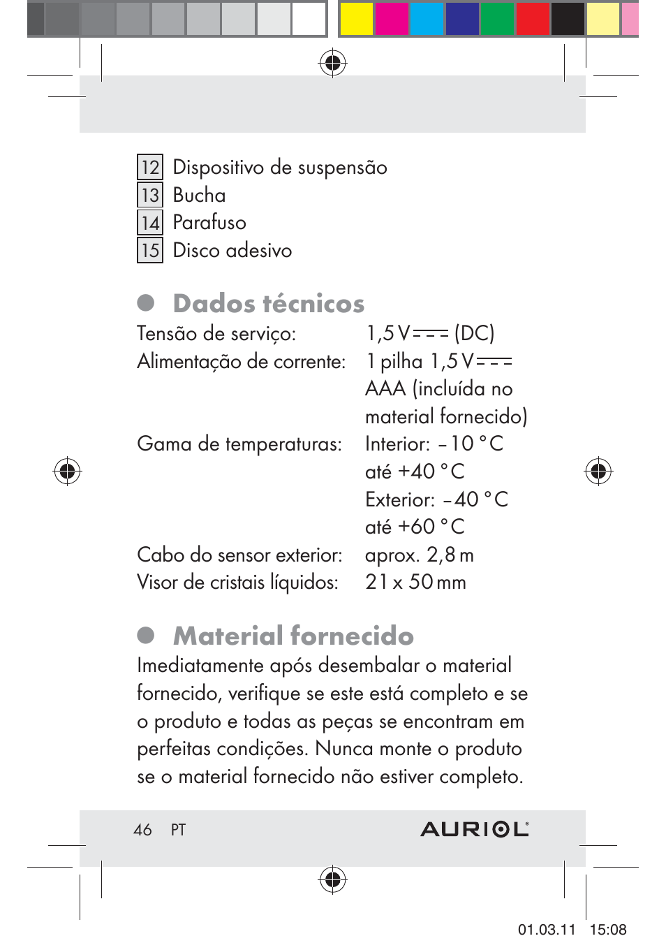 Dados técnicos, Material fornecido | Auriol H4286A_B User Manual | Page 48 / 81