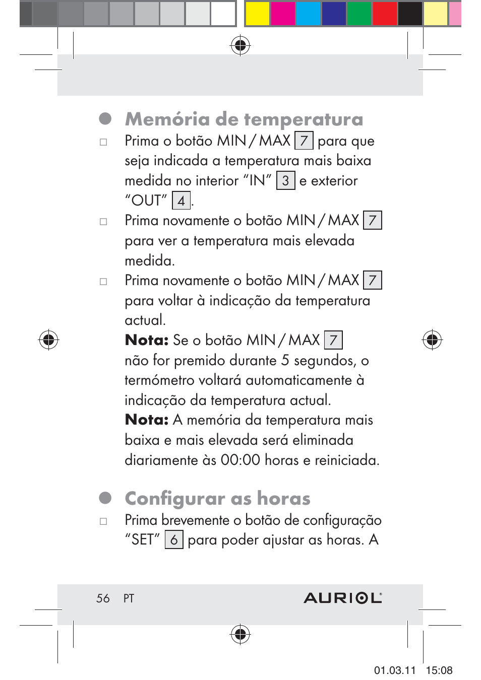 Memória de temperatura, Conﬁgurar as horas | Auriol H4286A_B User Manual | Page 58 / 81