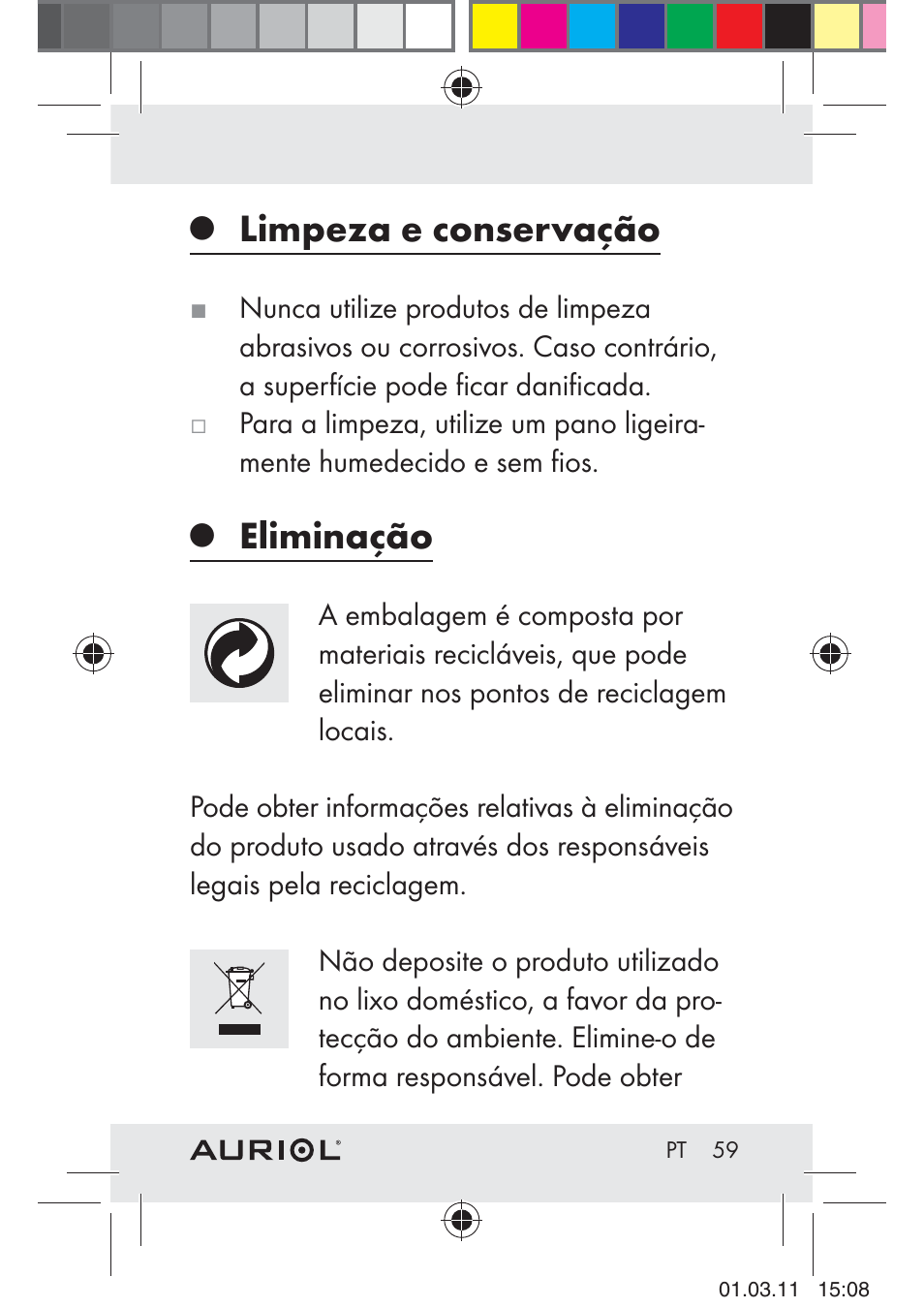 Limpeza e conservação, Eliminação | Auriol H4286A_B User Manual | Page 61 / 81