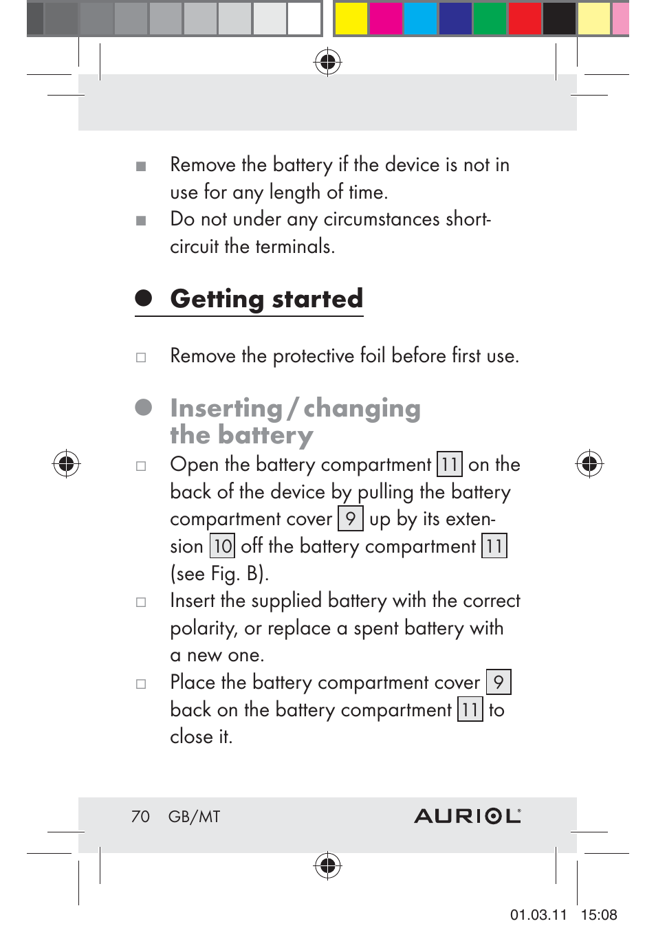 Getting started, Inserting / changing the battery | Auriol H4286A_B User Manual | Page 72 / 81