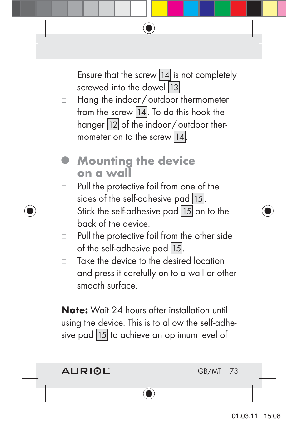 Mounting the device on a wall | Auriol H4286A_B User Manual | Page 75 / 81