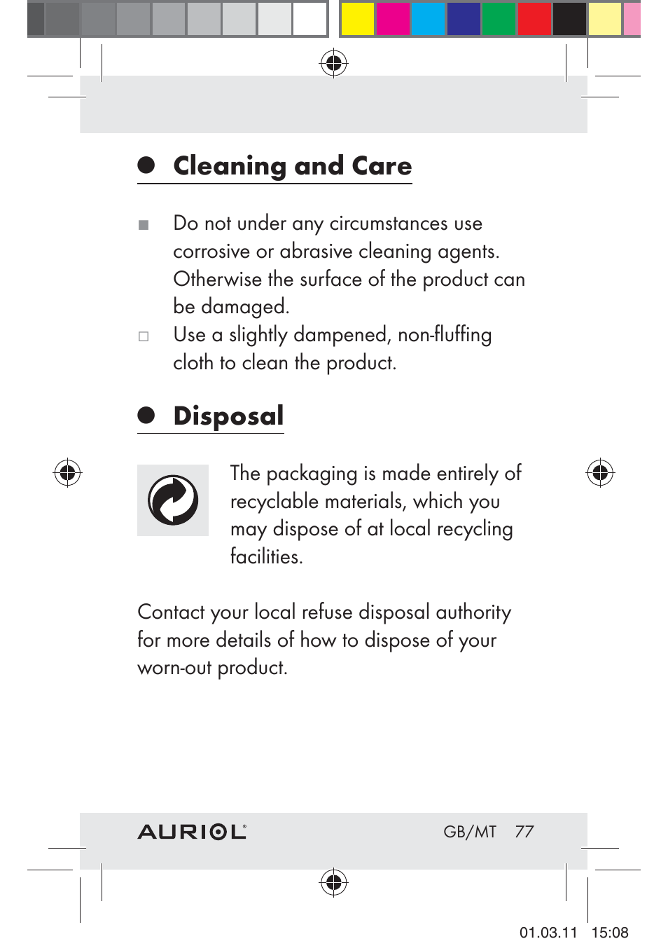 Cleaning and care, Disposal | Auriol H4286A_B User Manual | Page 79 / 81