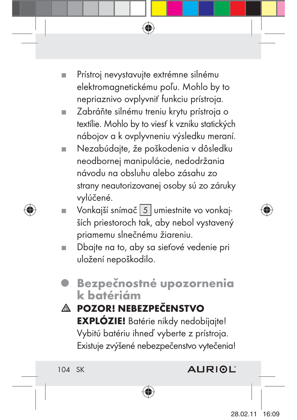 Bezpečnostné upozornenia k batériám | Auriol H4286A_B User Manual | Page 106 / 117