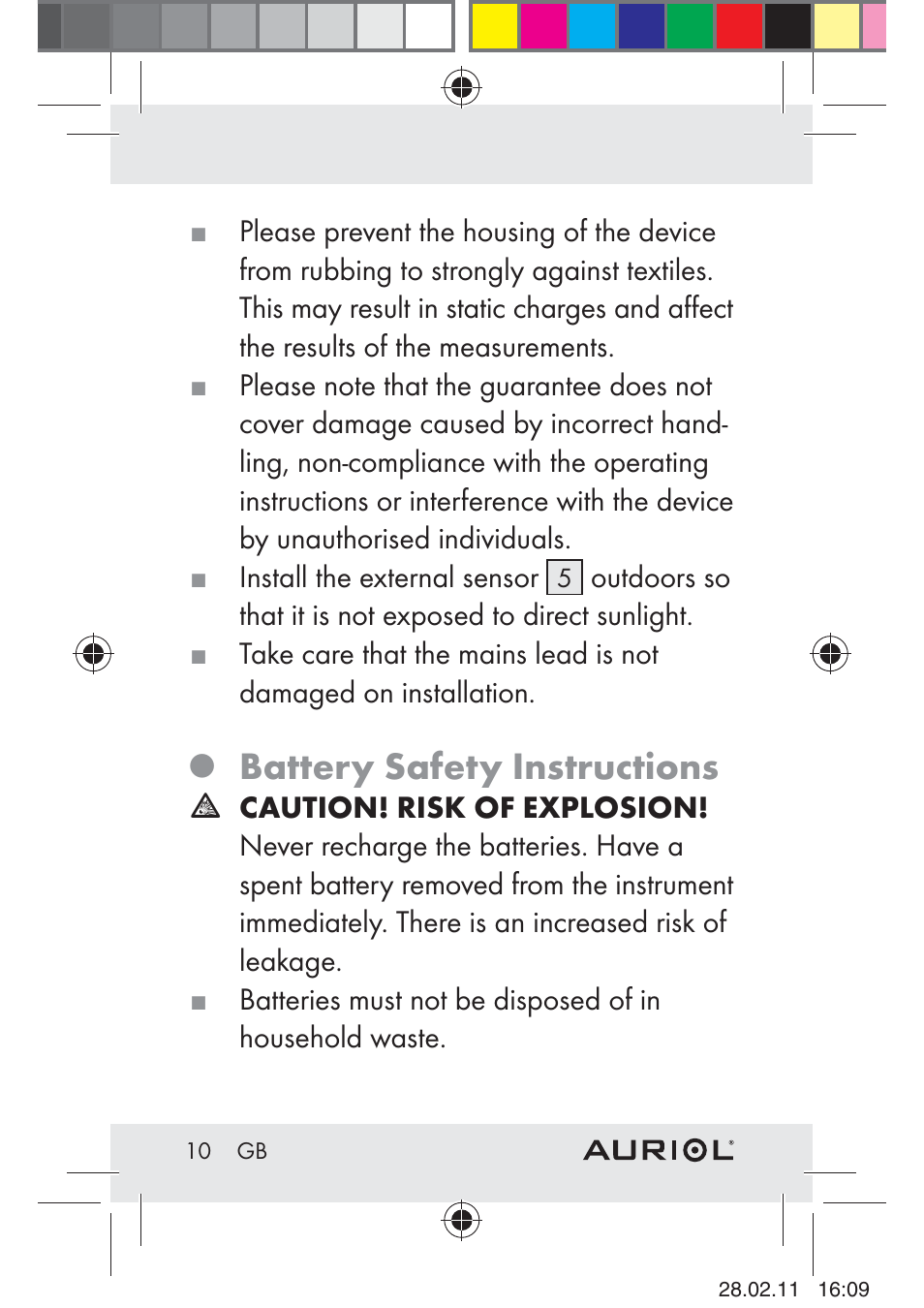 Battery safety instructions | Auriol H4286A_B User Manual | Page 12 / 117