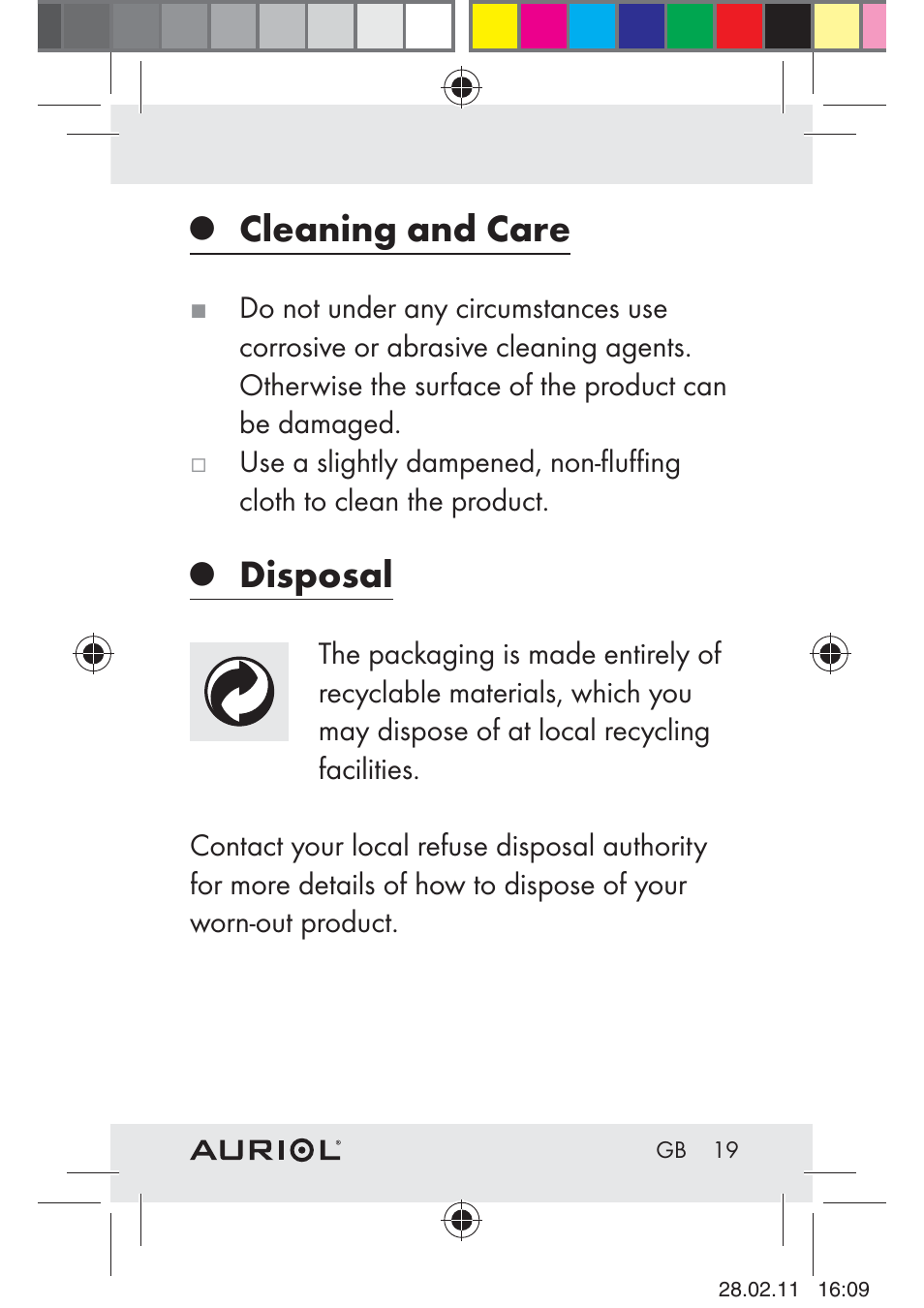 Cleaning and care, Disposal | Auriol H4286A_B User Manual | Page 21 / 117