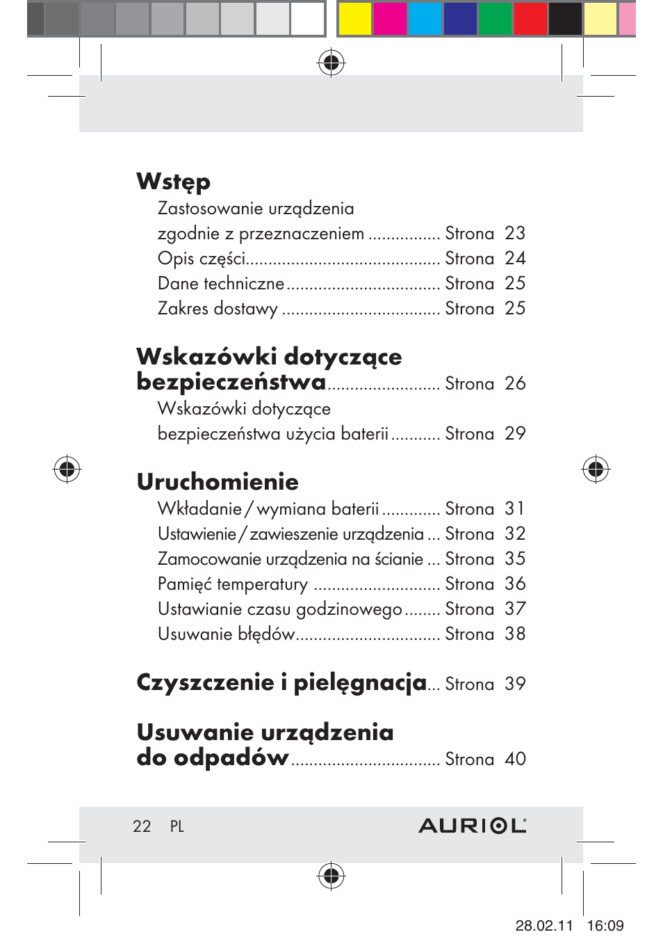 Wstęp, Wskazówki dotyczące bezpieczeństwa, Uruchomienie | Czyszczenie i pielęgnacja, Usuwanie urządzenia do odpadów | Auriol H4286A_B User Manual | Page 24 / 117