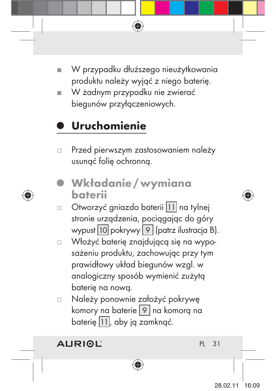 Uruchomienie, Wkładanie / wymiana baterii | Auriol H4286A_B User Manual | Page 33 / 117