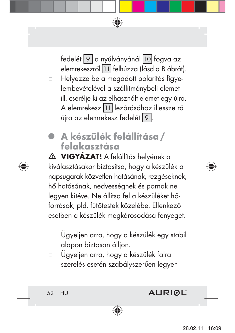 A készülék felállítása / felakasztása | Auriol H4286A_B User Manual | Page 54 / 117