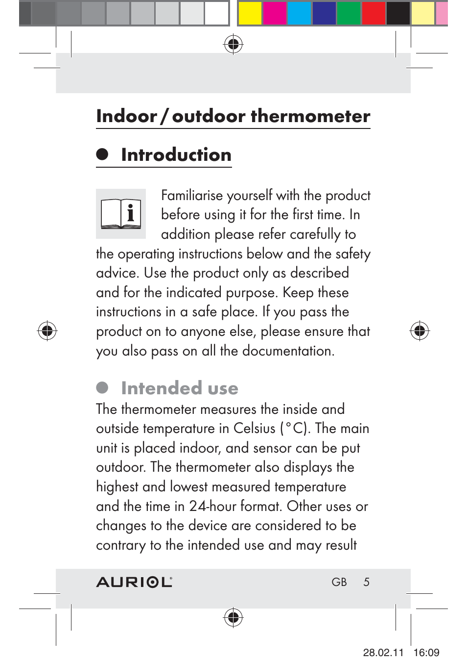 Indoor / outdoor thermometer, Introduction, Intended use | Auriol H4286A_B User Manual | Page 7 / 117