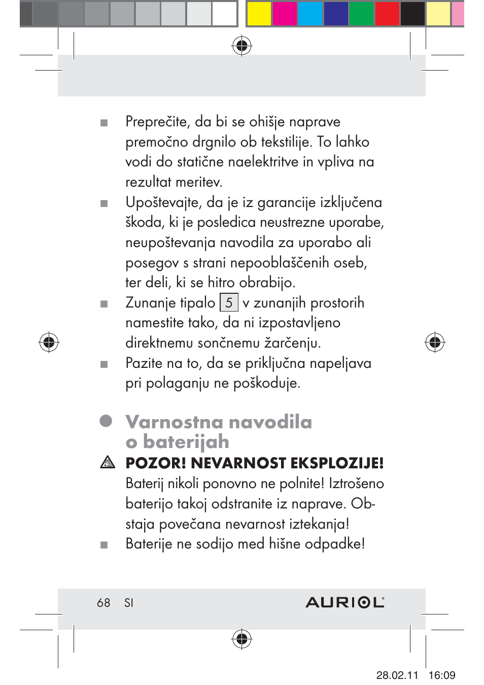 Varnostna navodila o baterijah | Auriol H4286A_B User Manual | Page 70 / 117