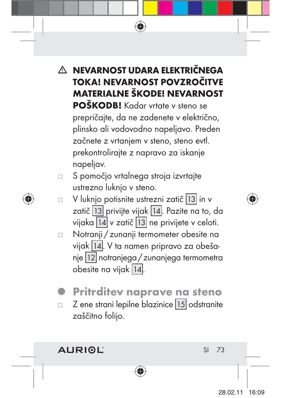 Pritrditev naprave na steno | Auriol H4286A_B User Manual | Page 75 / 117