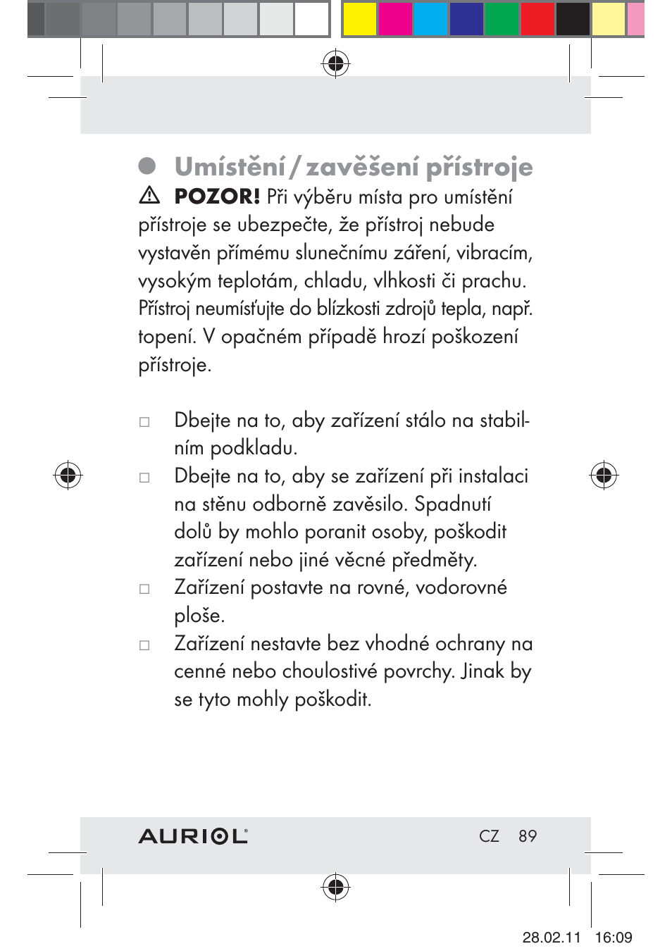 Umístění / zavěšení přístroje | Auriol H4286A_B User Manual | Page 91 / 117