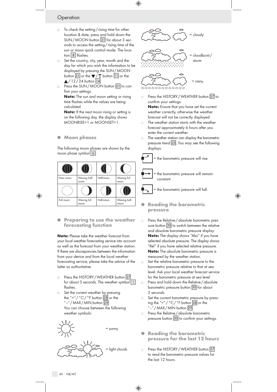 Operation, Moon phases, Preparing to use the weather forecasting function | Reading the barometric pressure | Auriol Z31092 User Manual | Page 40 / 53