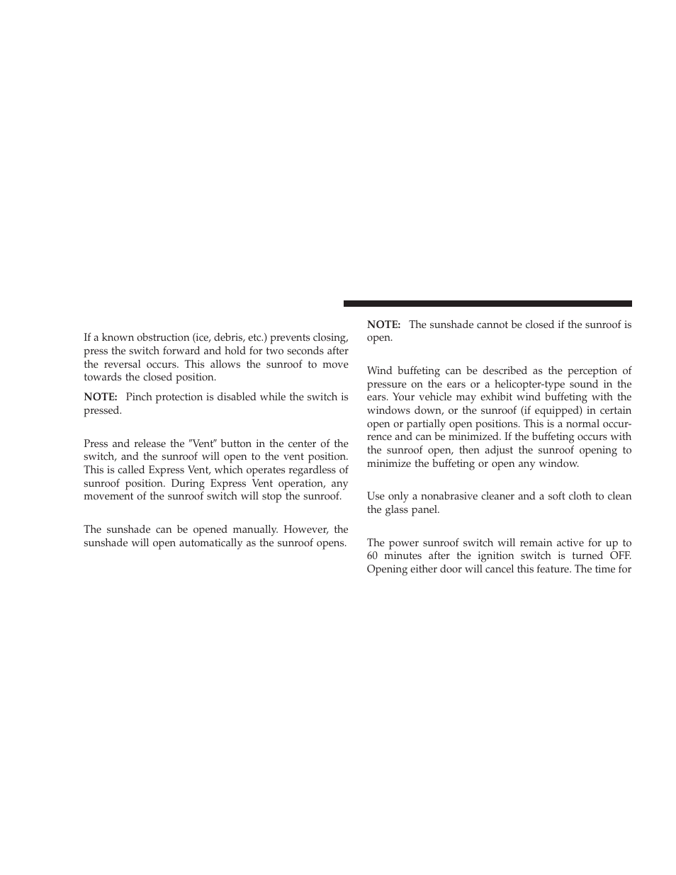 Pinch protect override, Venting sunroof - express, Sunshade operation | Wind buffeting, Sunroof maintenance, Ignition off operation, Venting sunroof — express | Dodge 2009 Challenger SRT8 User Manual | Page 144 / 440