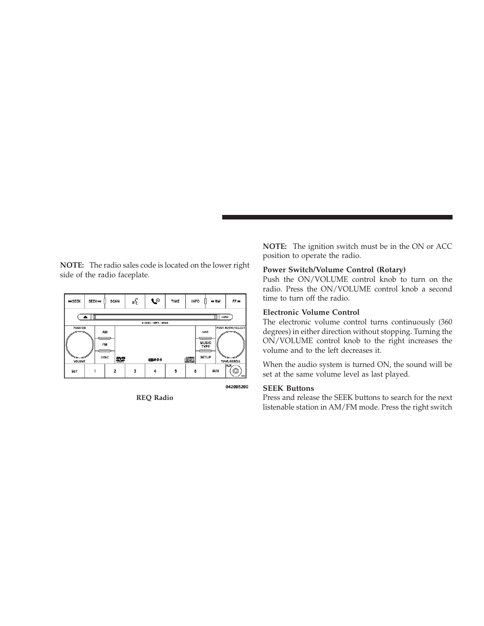 Operating instructions - radio mode, Sales code req — am/fm stereo radio and, 6–disc cd changer (mp3/wma aux jack) | Dodge 2009 Challenger SRT8 User Manual | Page 184 / 440