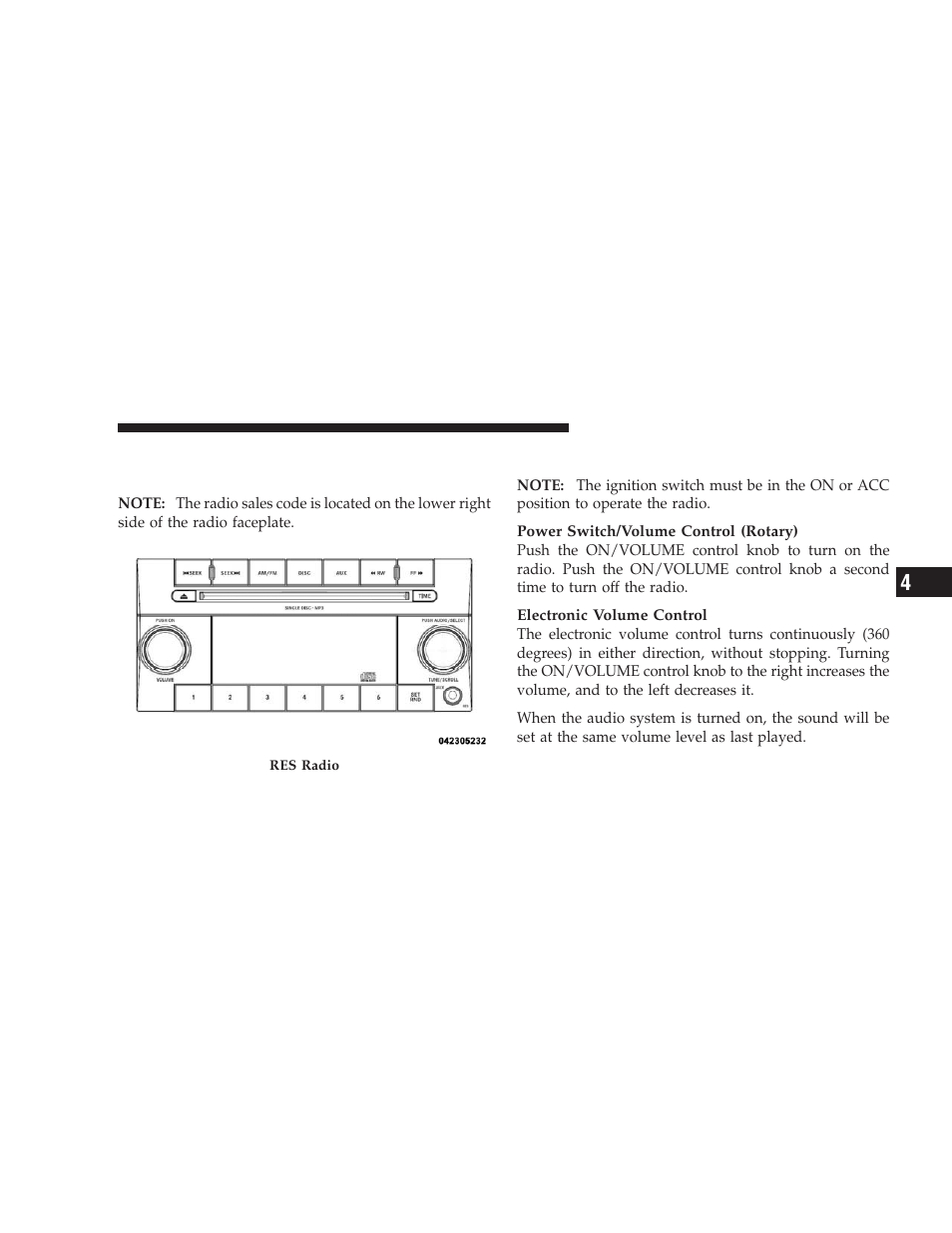 Operating instructions - radio mode, Sales code res — am/fm stereo radio with, Cd player (mp3 aux jack) | Operating instructions — radio mode | Dodge 2009 Challenger SRT8 User Manual | Page 199 / 440