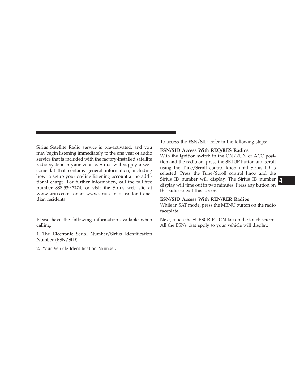 System activation, Electronic serial number/sirius, Identification number (esn/sid) | Dodge 2009 Challenger SRT8 User Manual | Page 225 / 440