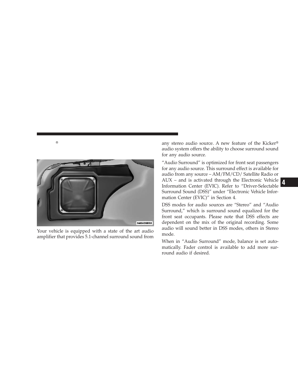Kicker௡ high performance sound system with, Driver-selectable surround (dss) – if equipped | Dodge 2009 Challenger SRT8 User Manual | Page 229 / 440